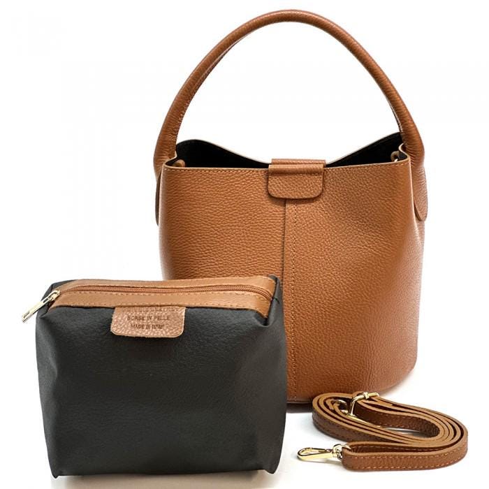 Tan Pebbled Leather Bucket Bag with removable Pouchette