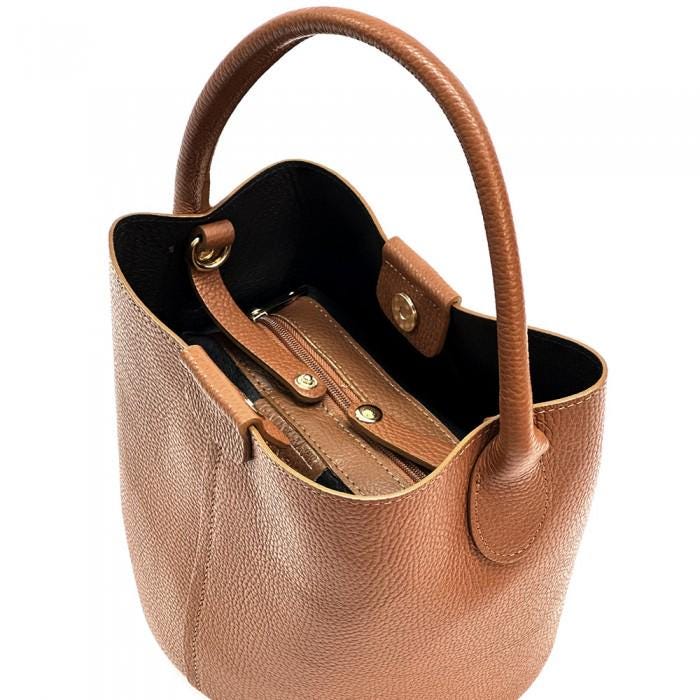 Tan Pebbled Leather Bucket Bag with removable Pouchette