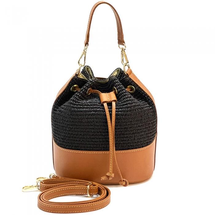 Raffia & Leather Bucket Bag: Handmade Italian Drawstring Shoulder Bag