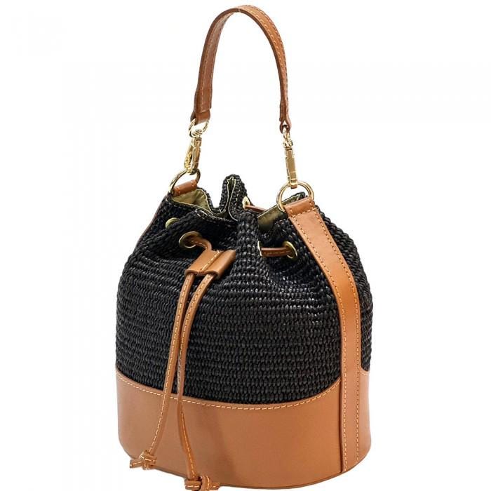 Raffia & Leather Bucket Bag: Handmade Italian Drawstring Shoulder Bag