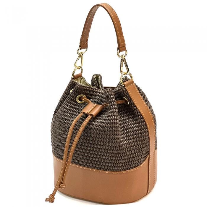 Raffia & Leather Bucket Bag: Handmade Italian Drawstring Shoulder Bag
