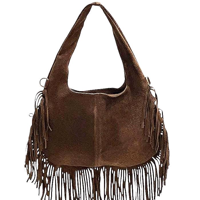 Suede Fringe Crossbody Bag: Handmade Italian Boho Shoulder Bag