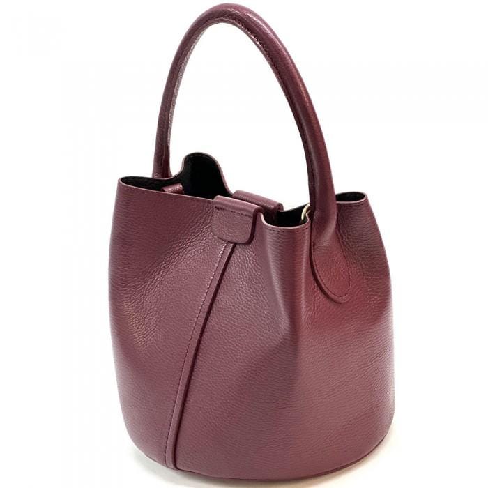 Pebbled Leather Bucket Bag in Bordeaux, Handmade Italian Handbag with Pochette