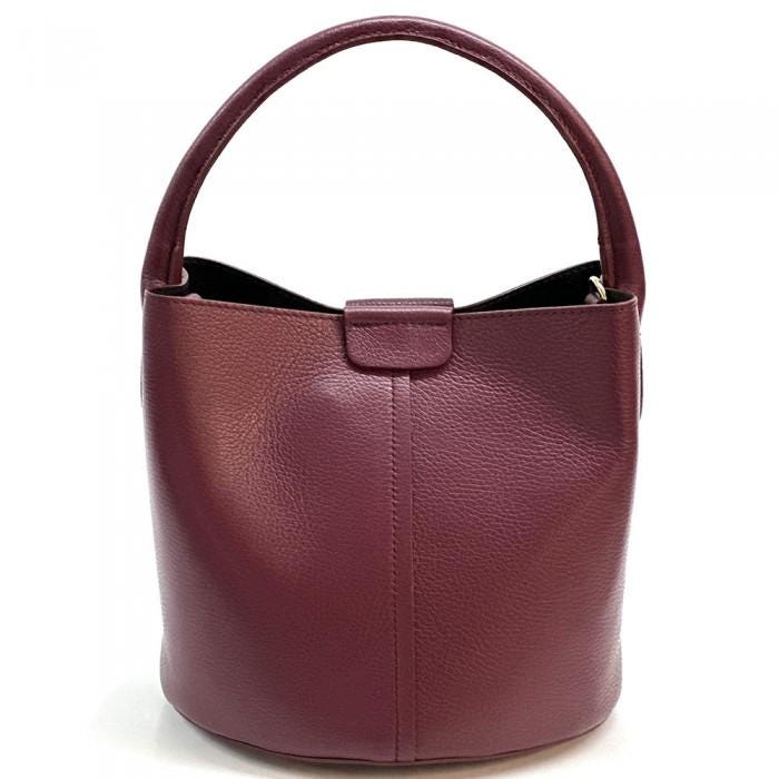 Pebbled Leather Bucket Bag in Bordeaux, Handmade Italian Handbag with Pochette
