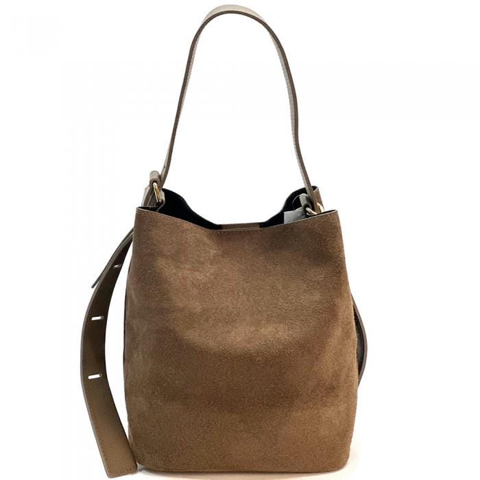 Italian Suede Bucket Bag: Full Grain Leather Strap, Gold Hardware