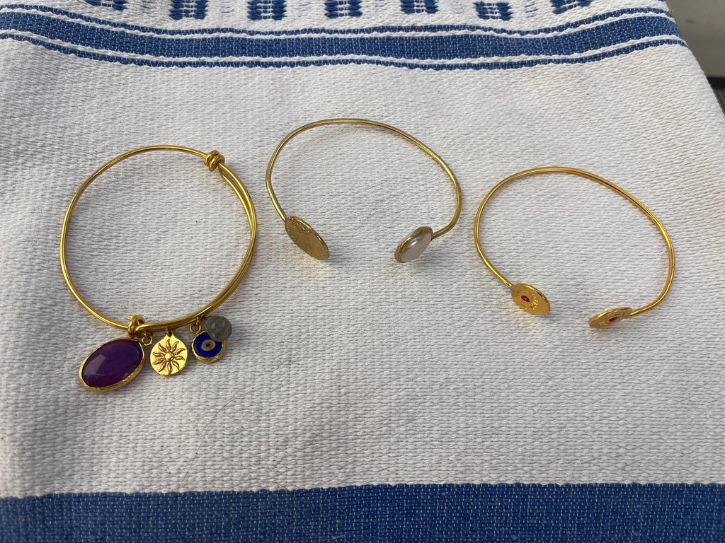 Charm Bracelet with Evil Eye Protection - Istanbul Craftsmanship - 24k Gold Plated - Flexible Sizing