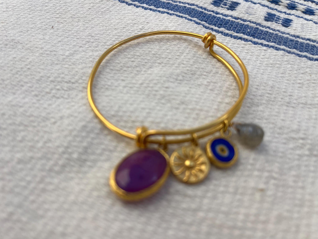 Charm Bracelet with Evil Eye Protection - Istanbul Craftsmanship - 24k Gold Plated - Flexible Sizing