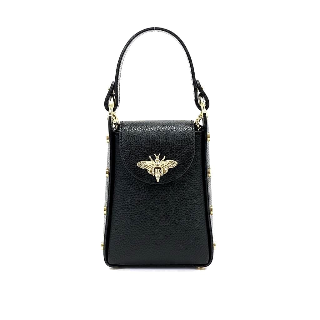 Bee Bag in Lux Leather. Handcarry or Shoulder with Gold Tone Honey Bee Embellishment