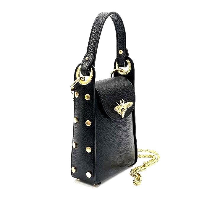 Bee Bag in Lux Leather. Handcarry or Shoulder with Gold Tone Honey Bee Embellishment