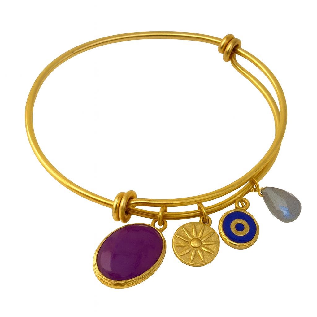 Charm Bracelet with Evil Eye Protection - Istanbul Craftsmanship - 24k Gold Plated - Flexible Sizing