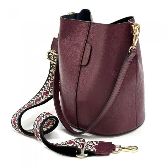 Pebbled Leather Bucket Bag in Bordeaux: Crossbody Shoulder Bag
