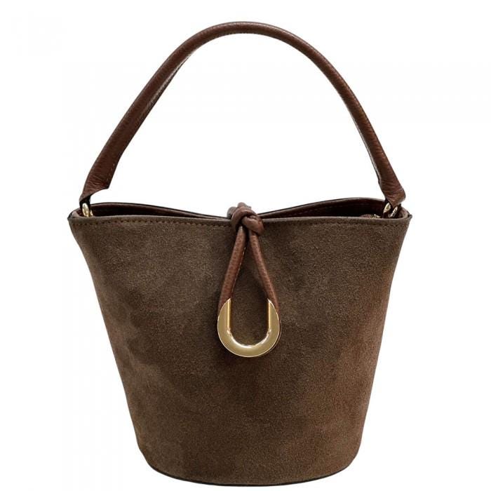 Small Chocolate Brown Suede Bucket Bag with Gold Tone Buckle Accent