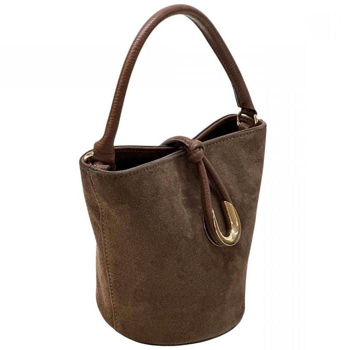 Small Chocolate Brown Suede Bucket Bag with Gold Tone Buckle Accent
