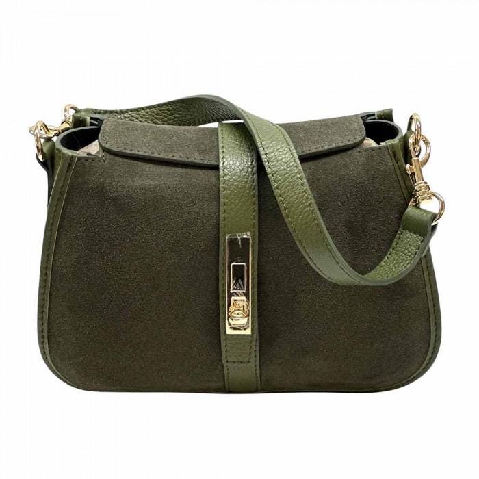 Shoulder Bag in Dark Green Suede and Leather