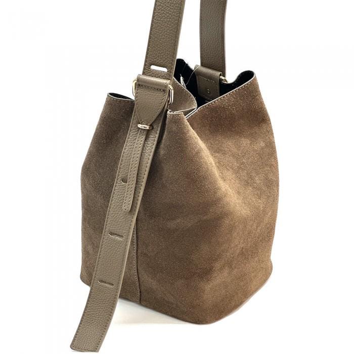 Italian Suede Bucket Bag: Full Grain Leather Strap, Gold Hardware