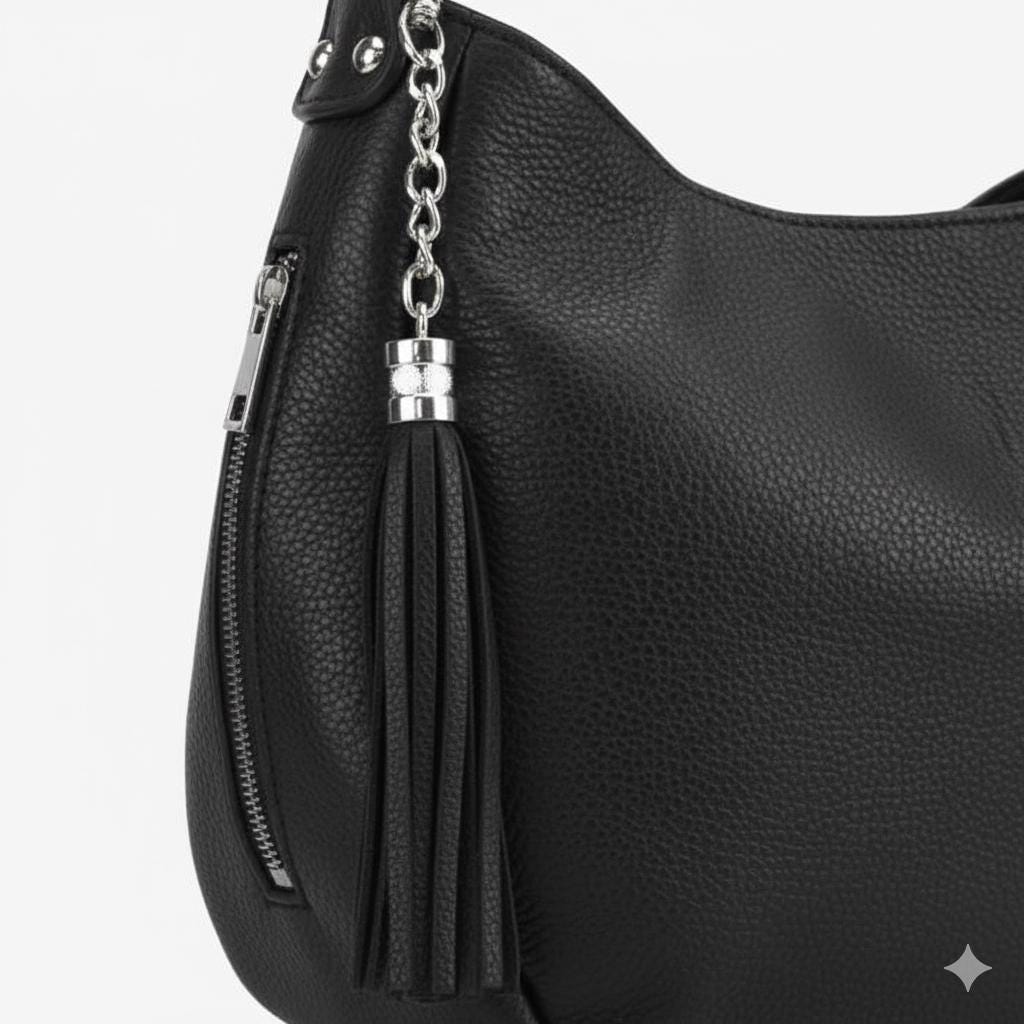 Slouchy Calfskin Leather Shoulder Bag: Handmade Italian Tassel Bag