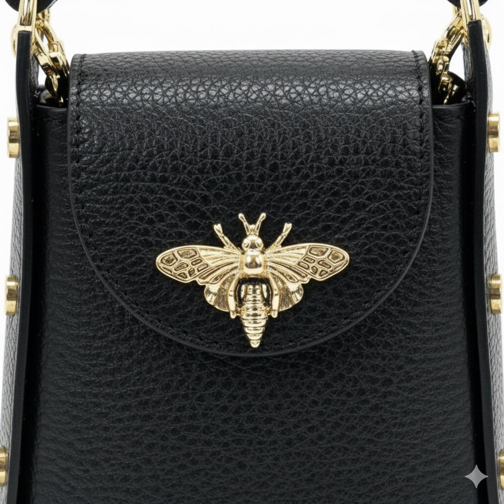 Bee Bag in Lux Leather. Handcarry or Shoulder with Gold Tone Honey Bee Embellishment