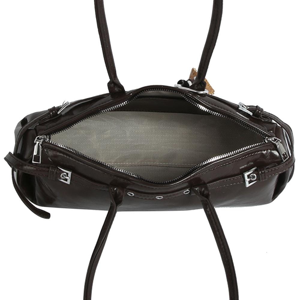 Elongated Shoulder Bag with Removable Bag Charm and Silver Tone Hardware