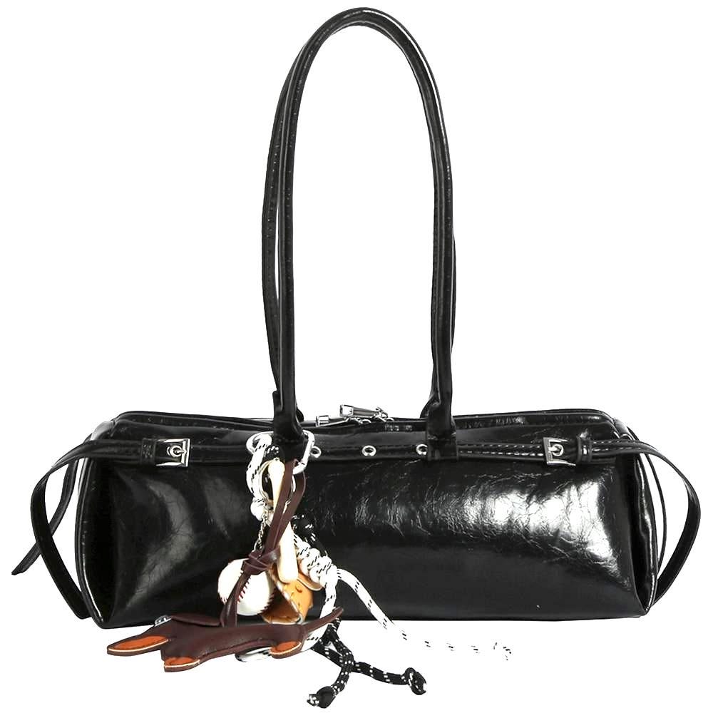 Elongated Shoulder Bag with Removable Bag Charm and Silver Tone Hardware