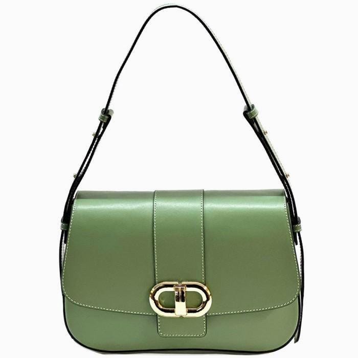 Italian Leather Shoulder Bag: Structured, Flap-Closed,Crosta Cerata, Gold-Tone Buckle