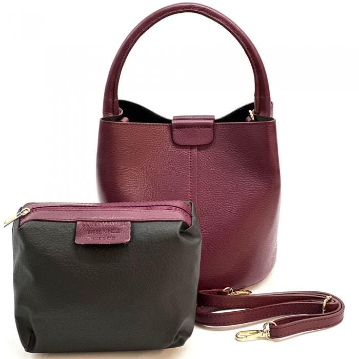 Bodeaux Burgundy Leather Bucket Bag with Pochette - Handmade in Italy