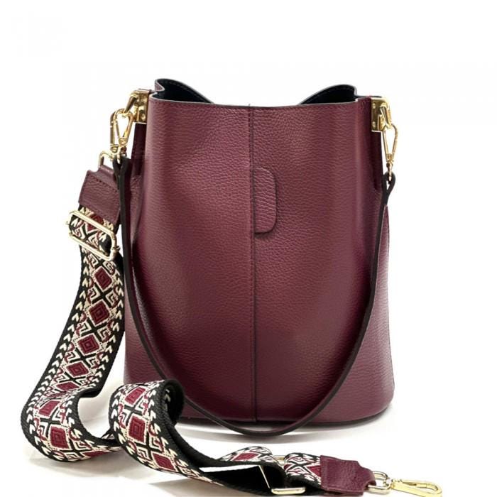 Pebbled Leather Bucket Bag in Bordeaux: Crossbody Shoulder Bag