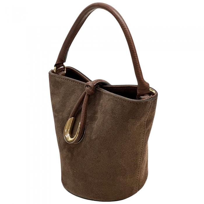Small Chocolate Brown Suede Bucket Bag with Gold Tone Buckle Accent