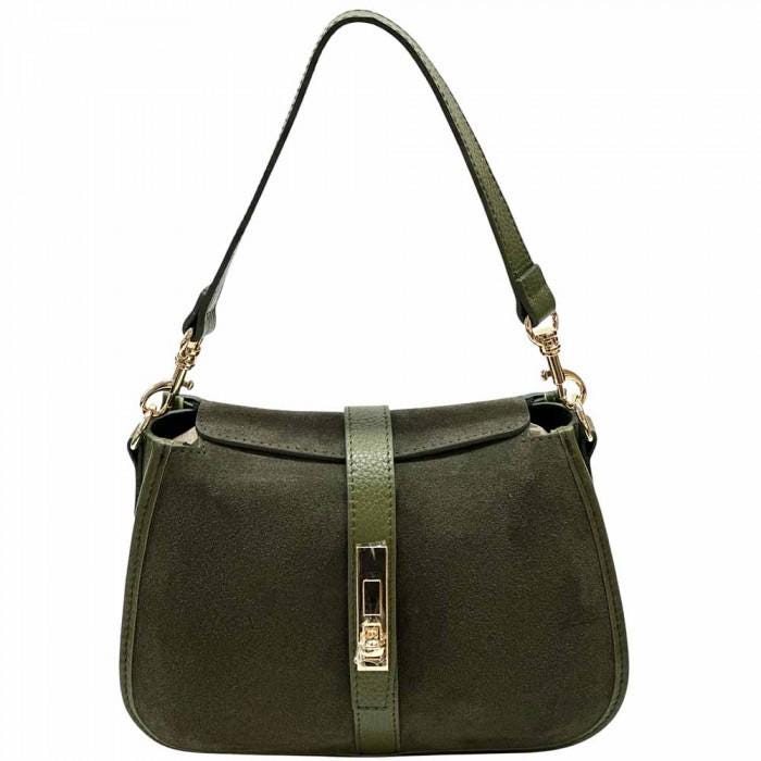 Shoulder Bag in Dark Green Suede and Leather