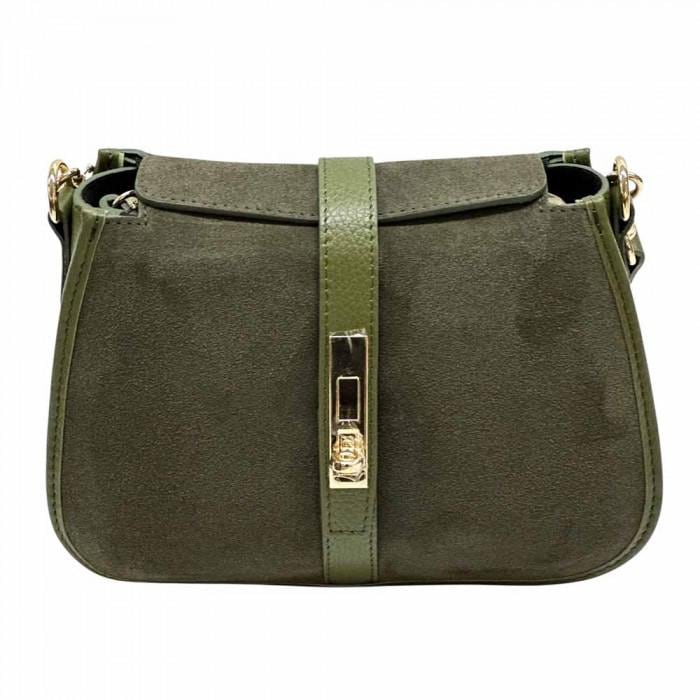 Shoulder Bag in Dark Green Suede and Leather