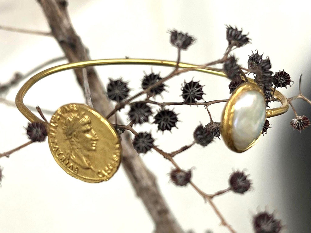 Constantine with Pearl Bracelet - Istanbul Craftsmanship - 24k Gold Plated - Flexible Sizing