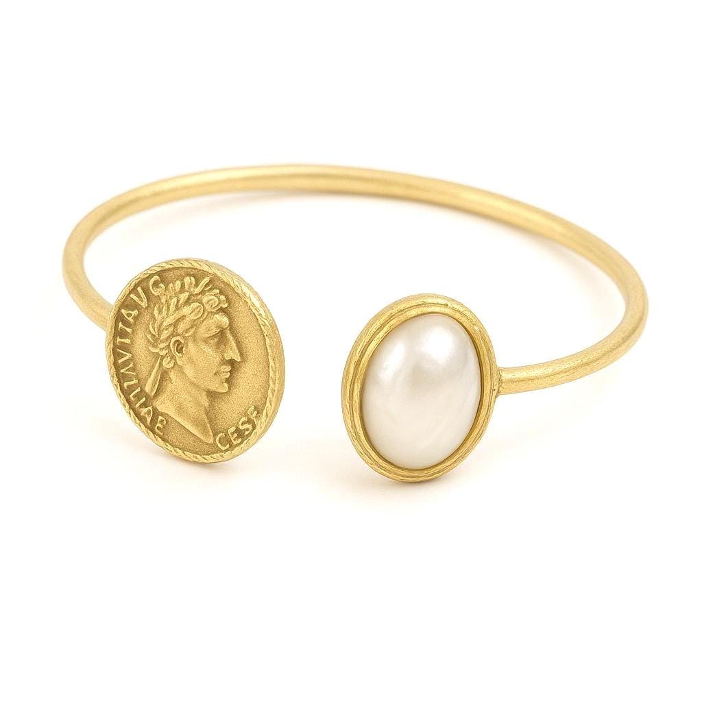 Constantine with Pearl Bracelet - Istanbul Craftsmanship - 24k Gold Plated - Flexible Sizing