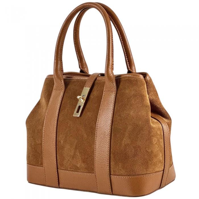 Suede and Full Grain Leather Tote Bag with Golden Hardware