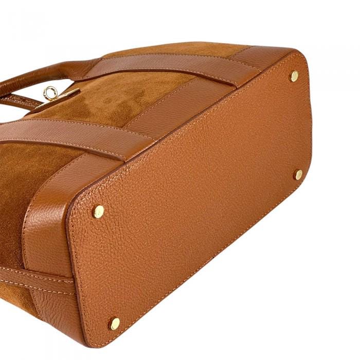 Suede and Full Grain Leather Tote Bag with Golden Hardware