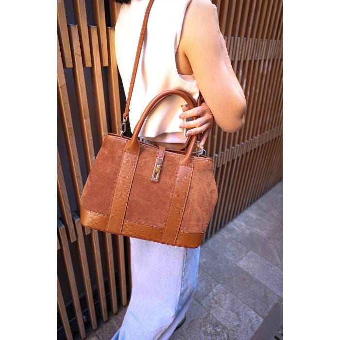 Suede and Full Grain Leather Tote Bag with Golden Hardware