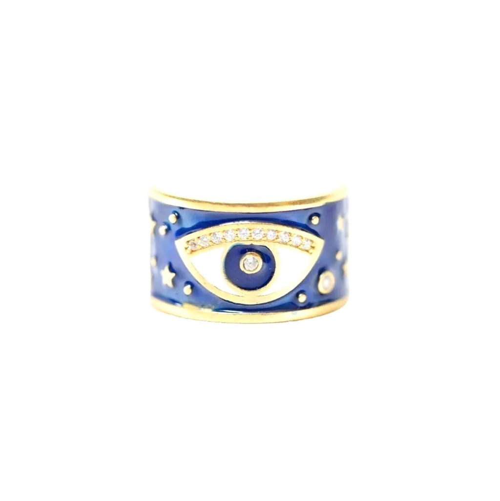 24k Gold Plated Evil Eye Ring - Adjustable Enamel Band