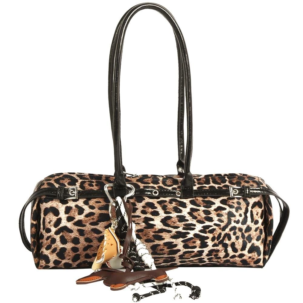 Elongated Shoulder Bag with Removable Bag Charm and Silver Tone Hardware