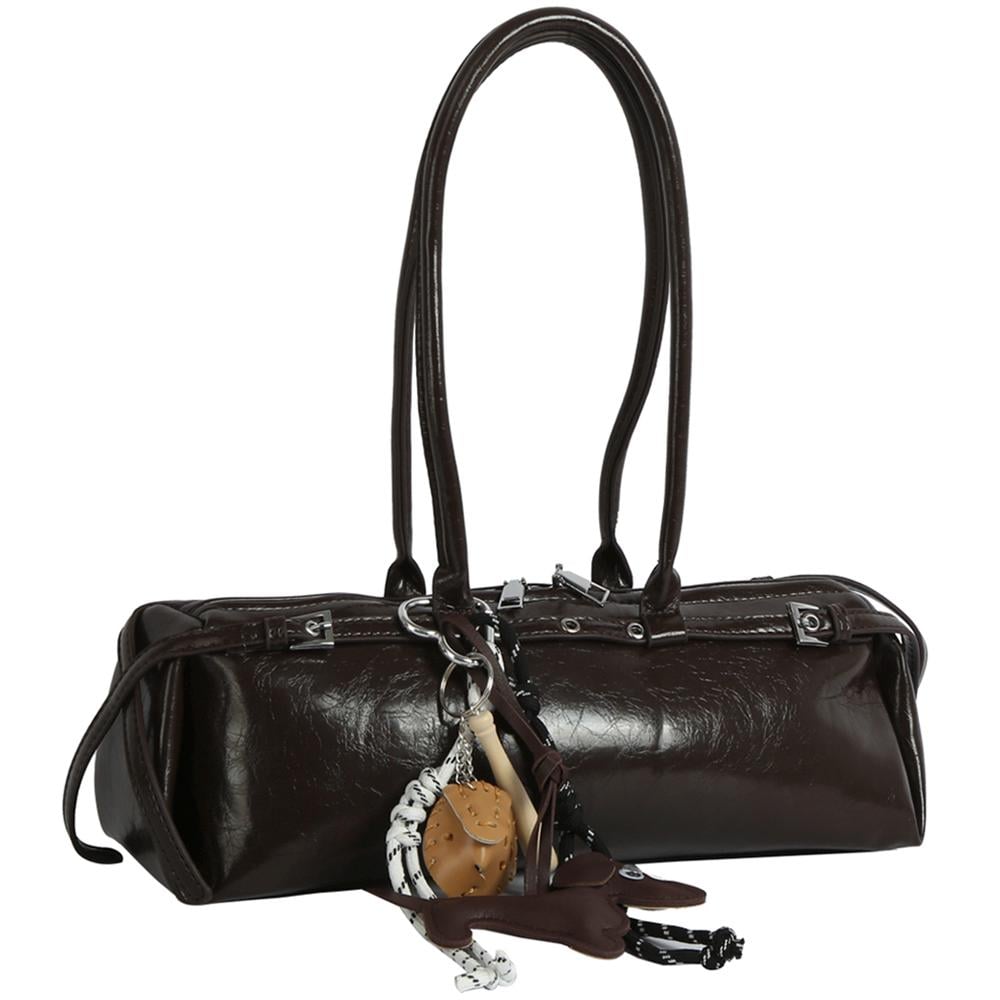 Elongated Shoulder Bag with Removable Bag Charm and Silver Tone Hardware