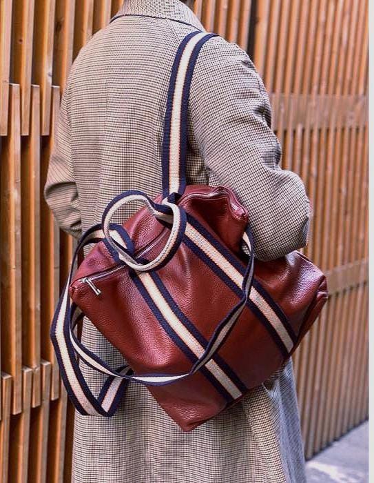 Sporty Chic Italian Leather Tote Backpack: Handmade Tricolor Strap Bag